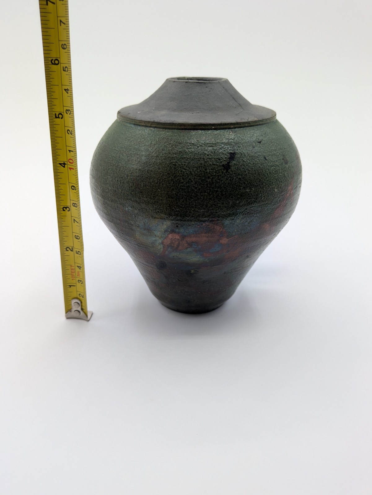 Artist Signed Studio Green Raku Fired Iridescent Glazed Art Pottery Vase
