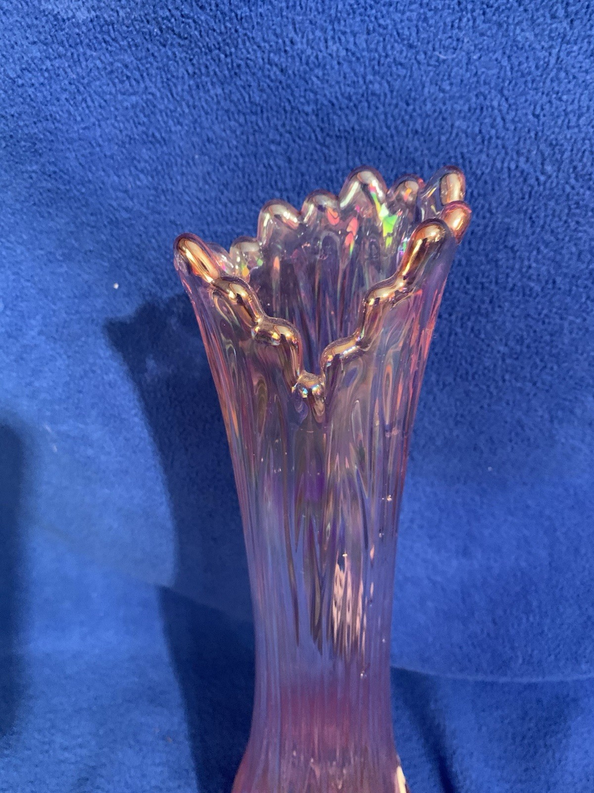 L E Smith Quintec Swung Vase Pink Iridescent Glass 16.25 Inches 16 Fingers