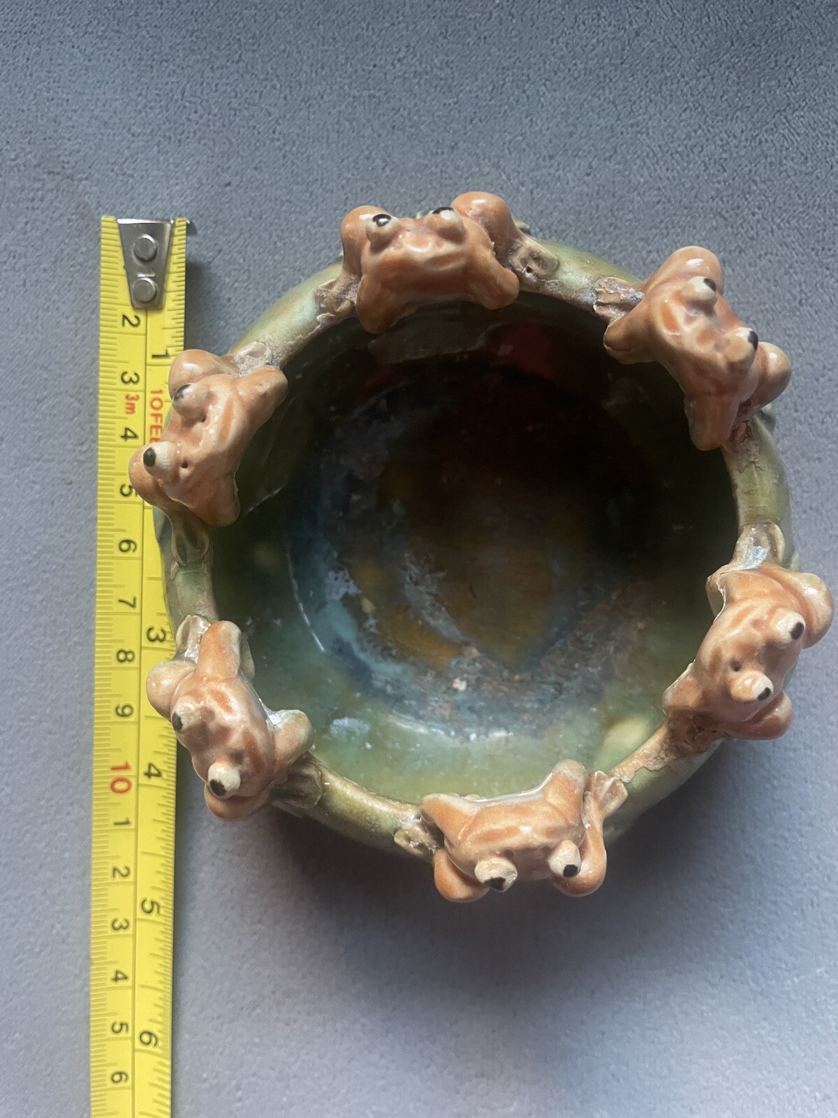 VTG Majolica Style Frog Bowl Planter 6 Frogs Lily Pads Ceramic Toad
