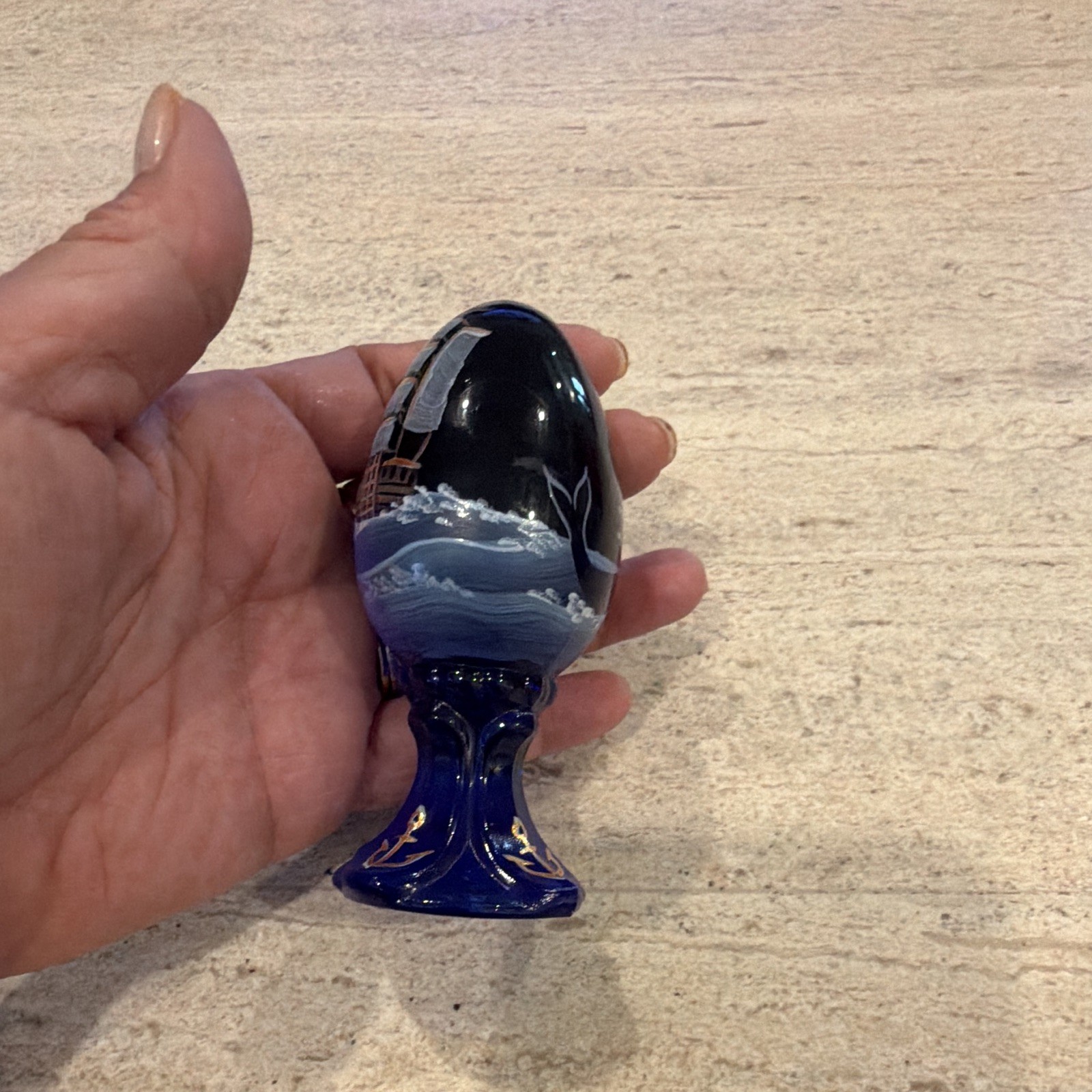 Blue Glass Handpainted Egg-Shaped Paperweight Sailing Ship Anchor #2307/3000