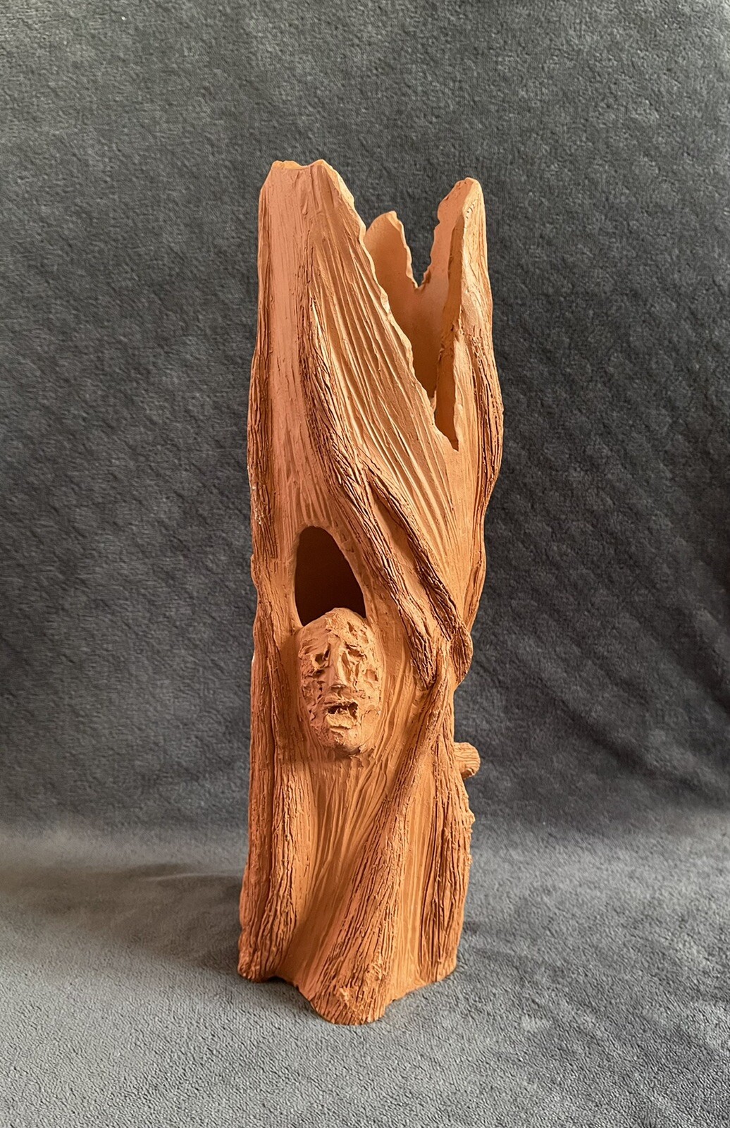 Vintage Carved Abstract Terracotta Clay “Man In The Tree” Sculptural Vase