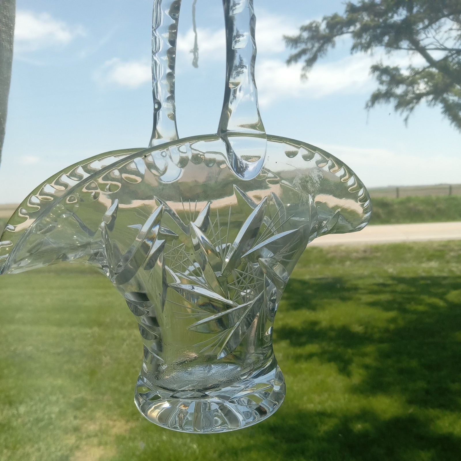 Vintage 1900-1919 American Brilliant Crystal Handcarved Brides Basket