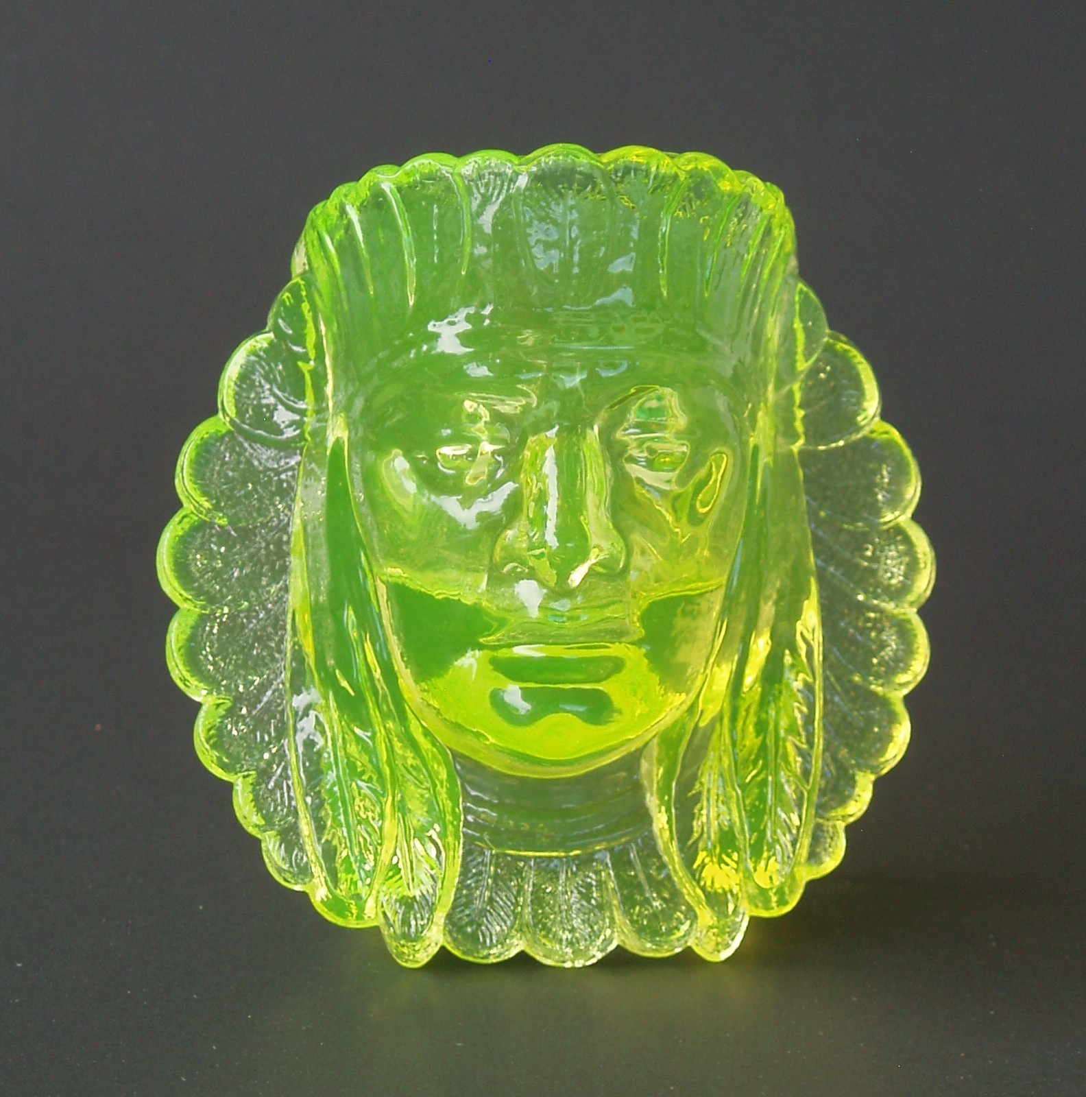 Boyd Uranium Glass Indian Chief Head Toothpick Holder Canary Yellow Transparent