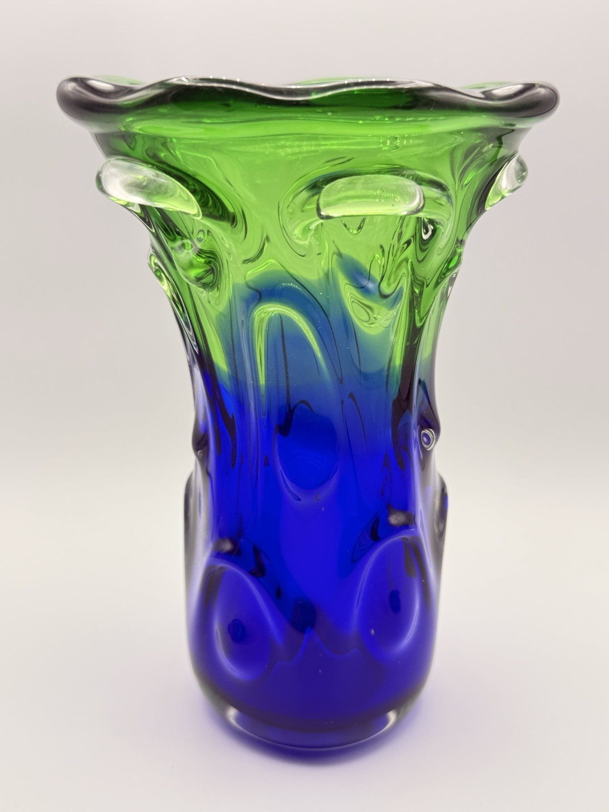 Vintage Mid-Century Modern Blue Green Art Glass Vase Pulled Glass Decor