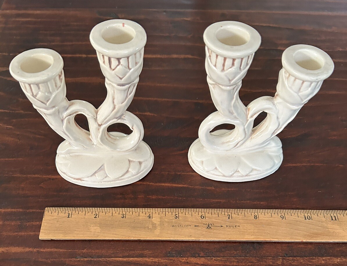Vintage Pair Of Red Wing Pottery Double Candlestick Holders #397 USA 5 3/8x4x2”