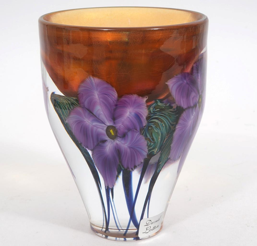 Art Glass DAVID LOTTON Signed 2002 Purple Clematis Flowers Reflection Vase, 6″