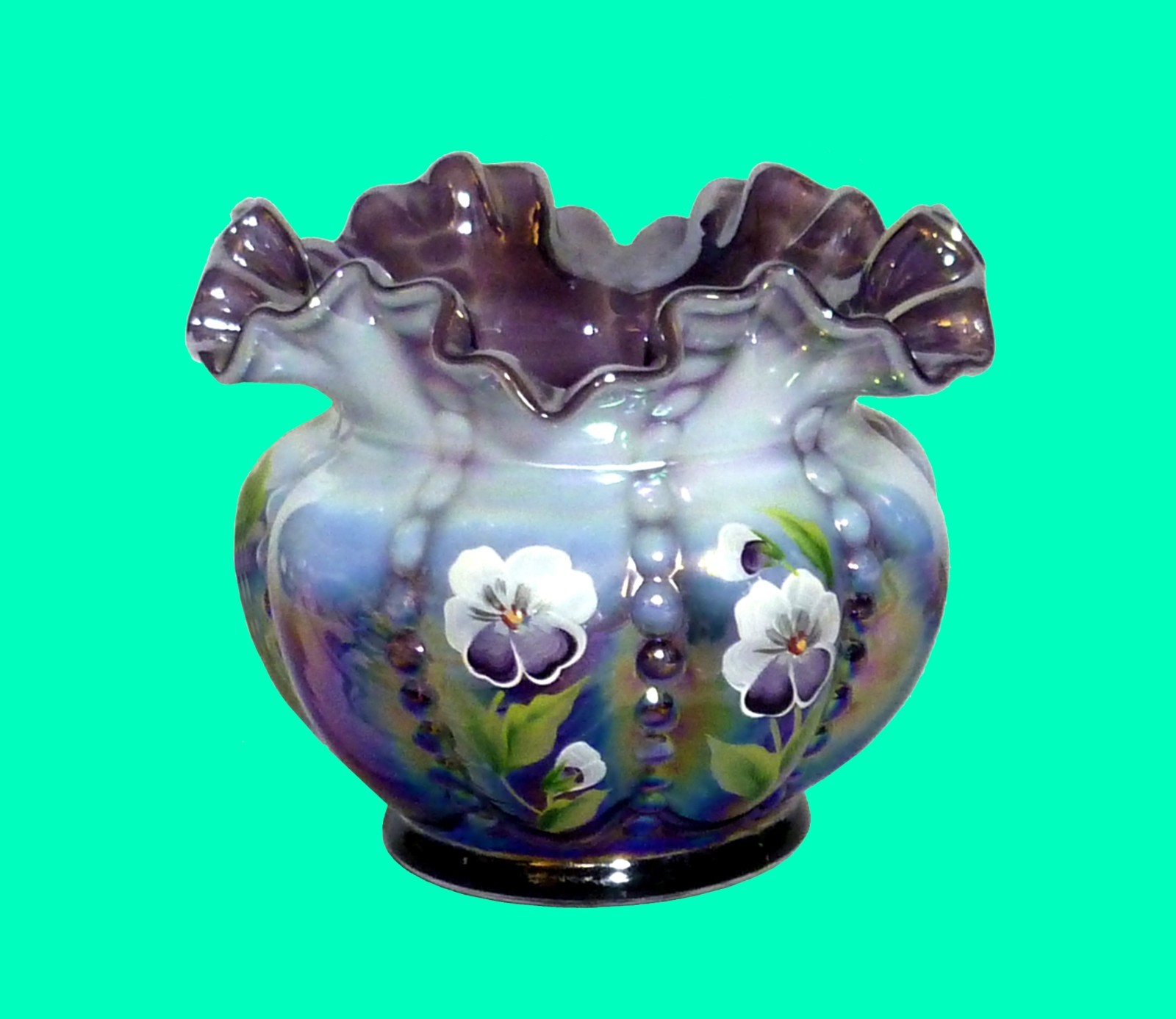 HOME DECOR – FENTON ART IRIDESCENT BEADED AMETHYST CARNIVAL VASE – SIGNED