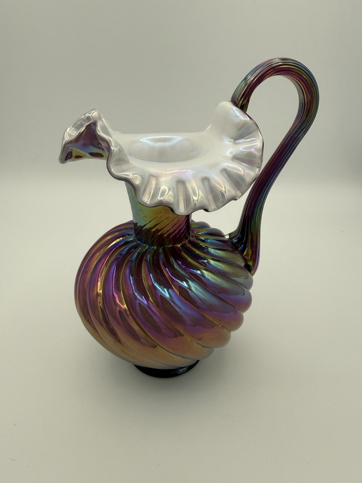 Vintage Fenton Carnival Glass Spiral Swirl Ewer Vase Amethyst Opalescent