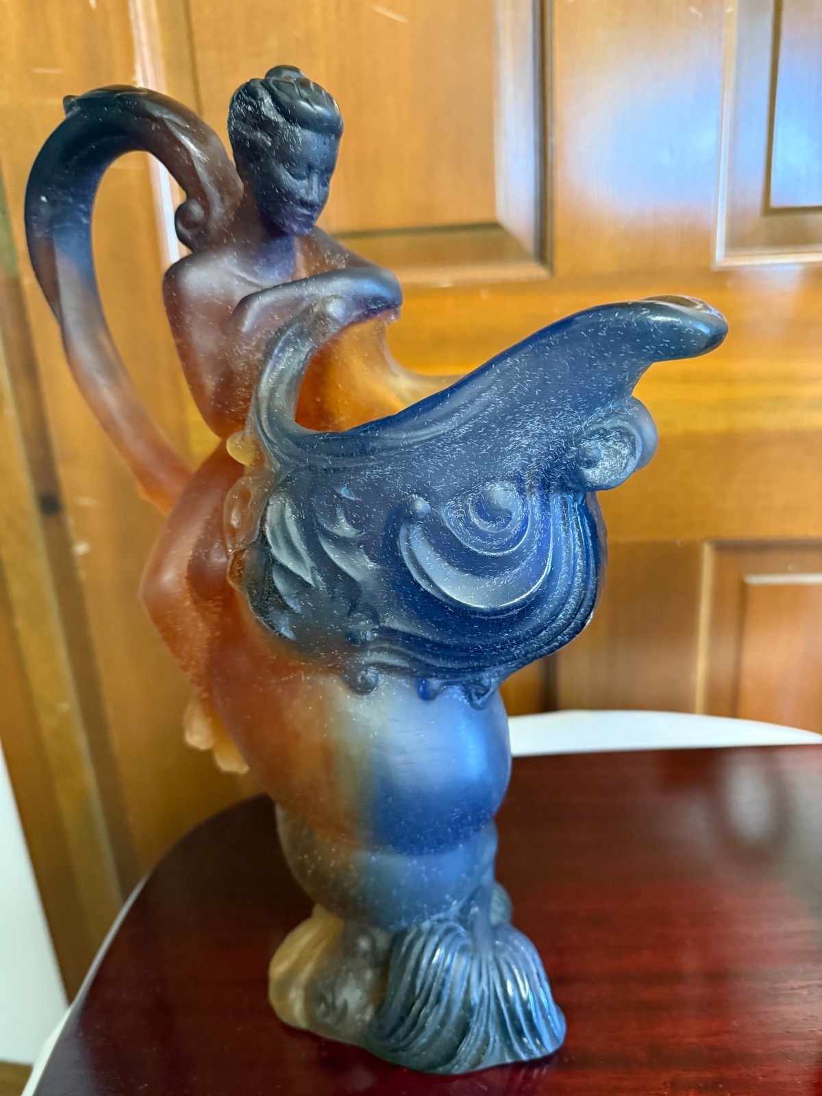 Daum Pate de Verre amber and blue frosted glass “Mythologie” pitcher Female/Male