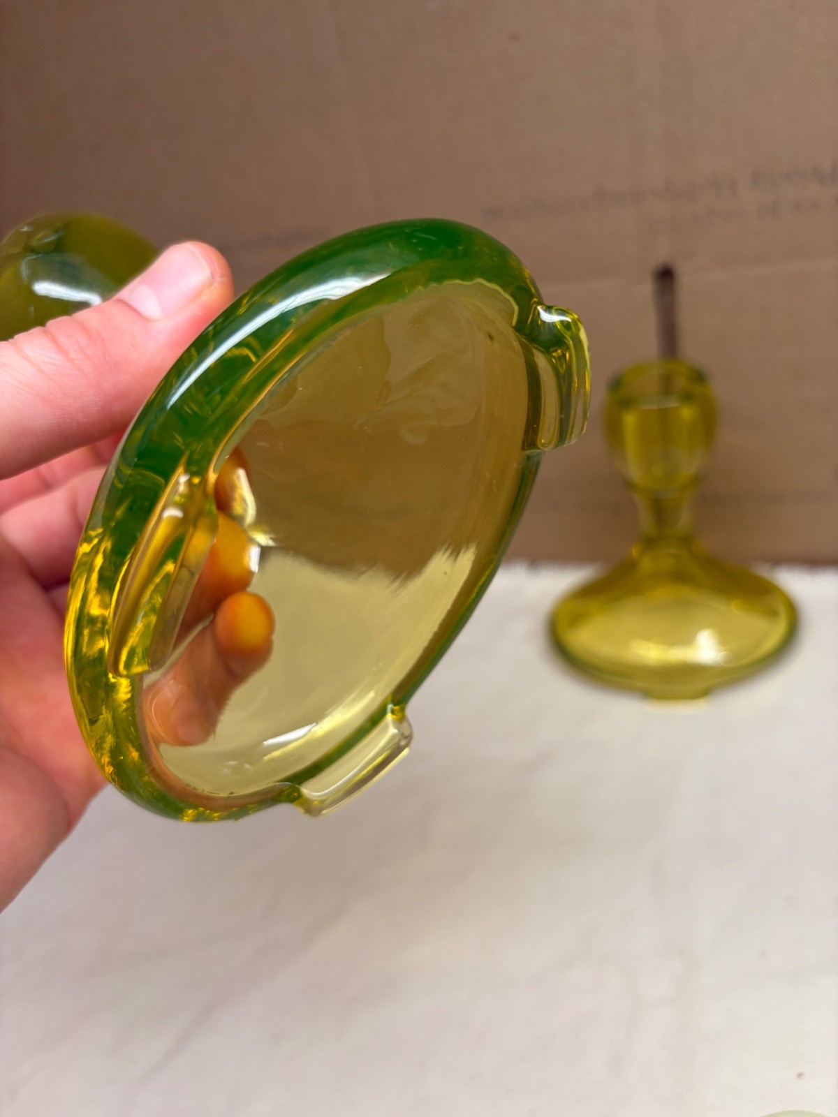 Vintage Fostoria candlestick pair URANIUM GLASS canary yellow vaseline