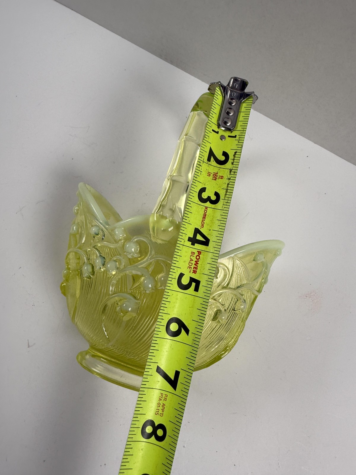 Vintage Fenton Vaseline Yellow Glass Decorative Basket Handle Lily of Valley