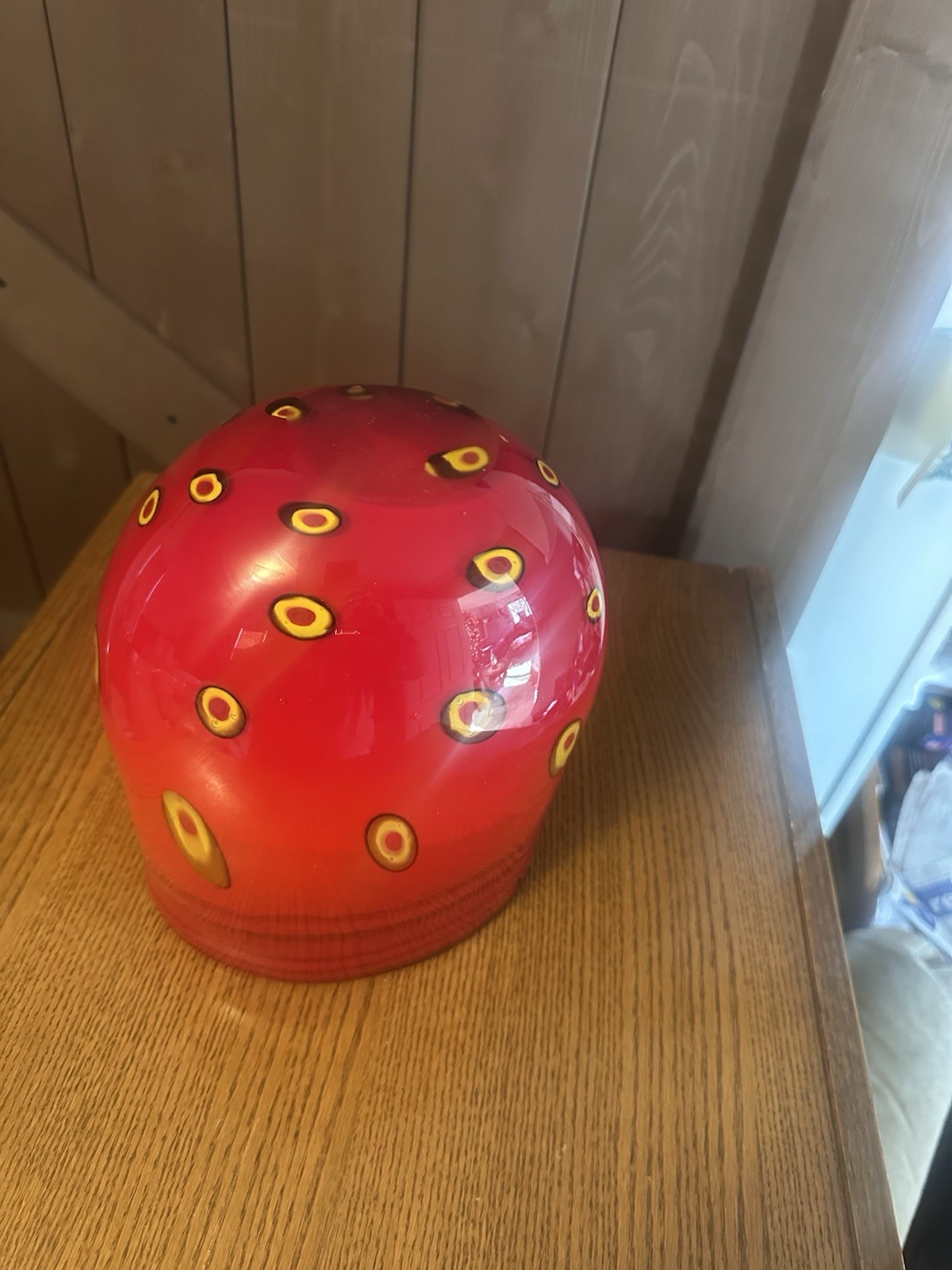 Red Murano Vase With Black And Yellow Spot Design And Yellow Interior
