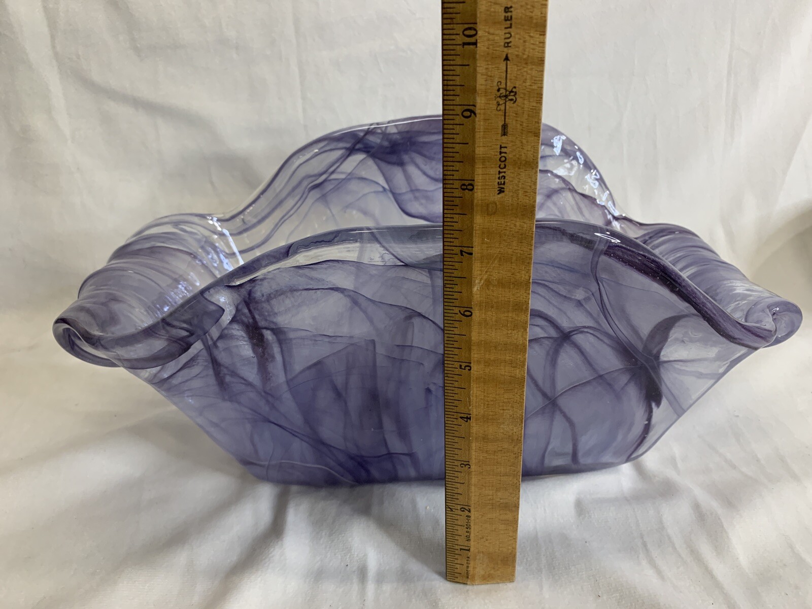 Lilac Purple White Swirl Art Glass Rectangular Basket Centerpiece Bowl