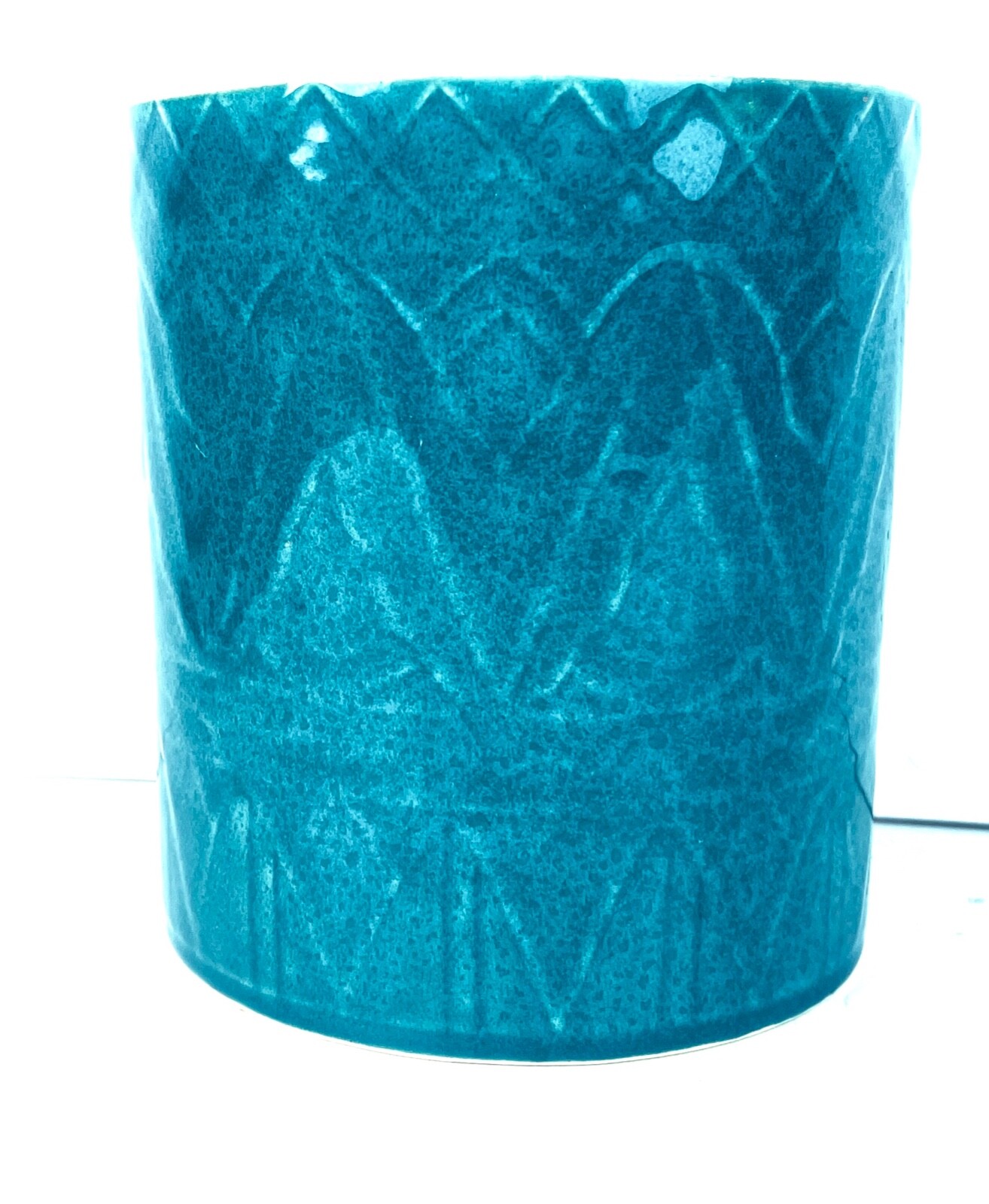 Vintage Pottery Vase Teal Green Ceramic Utensil Jar 8 in Tall Chevron Pattern