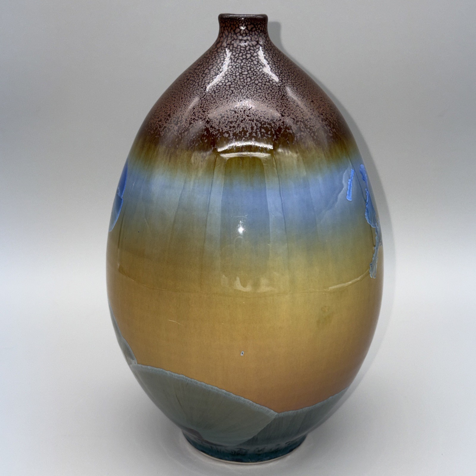 Signed Lin Sanjiang Crystalline Glaze Studio Art Pottery Vase Hansheng Kiln 9″