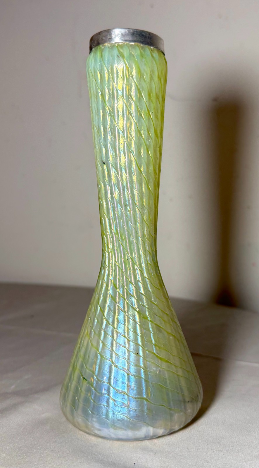 Antique hand blown Bohemian Kralik glass sterling silver mounted iridescent vase