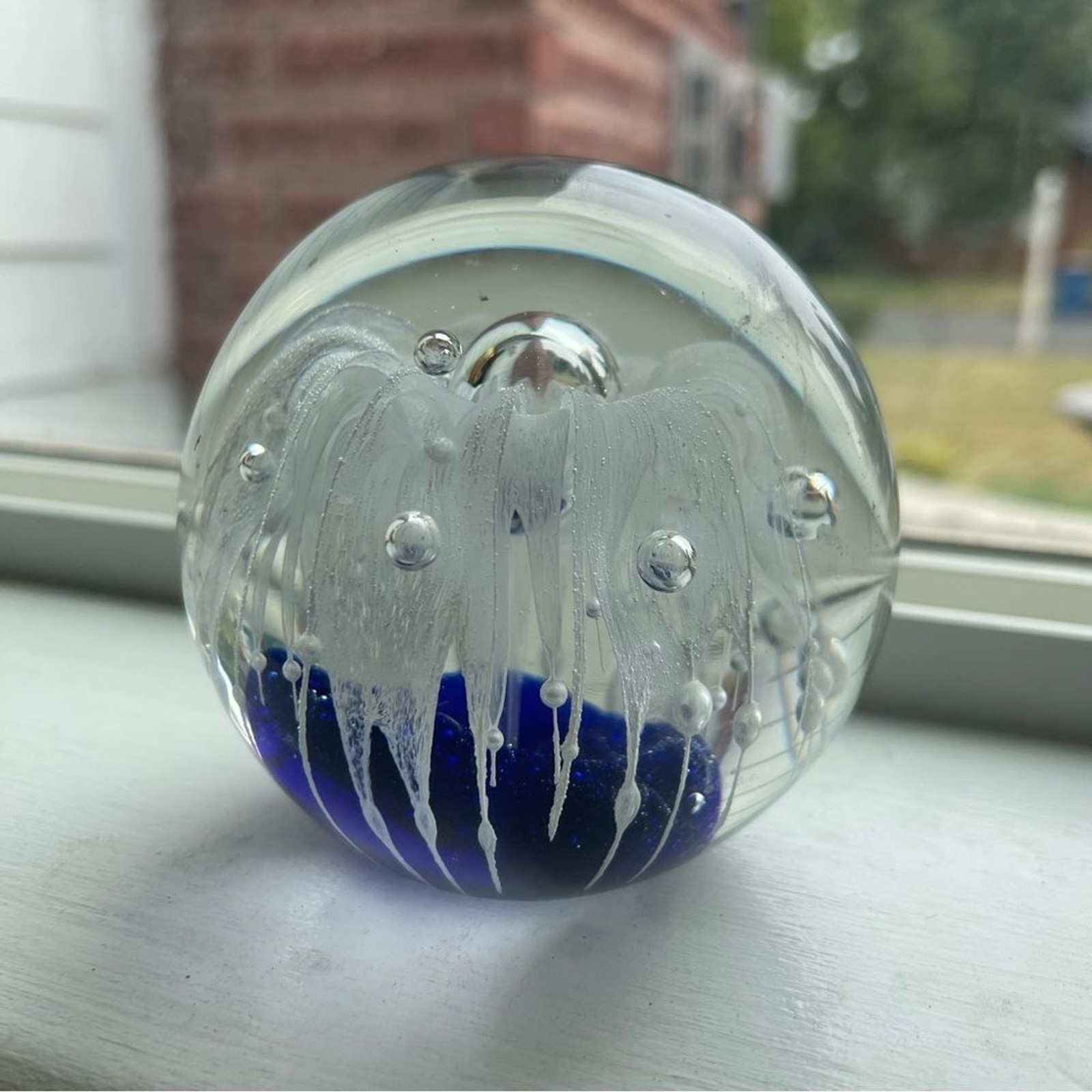 Cobalt Blue White Flower Clear Glass Paperweight Bullicante 3 1/2″ Diameter