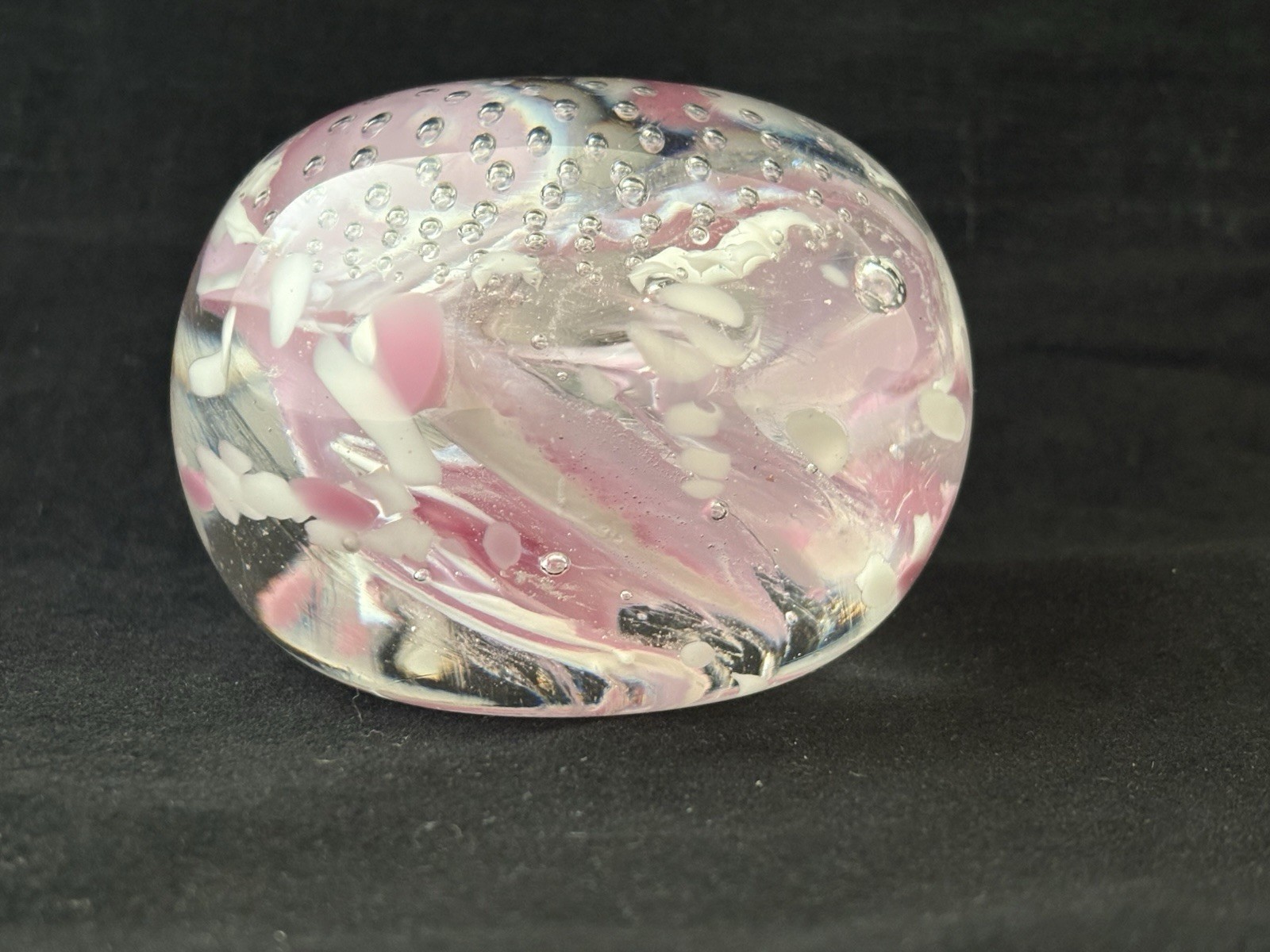 Vintage Clear Glass Paperweight Pink White Swirls Controlled Bubbles Signed Sam