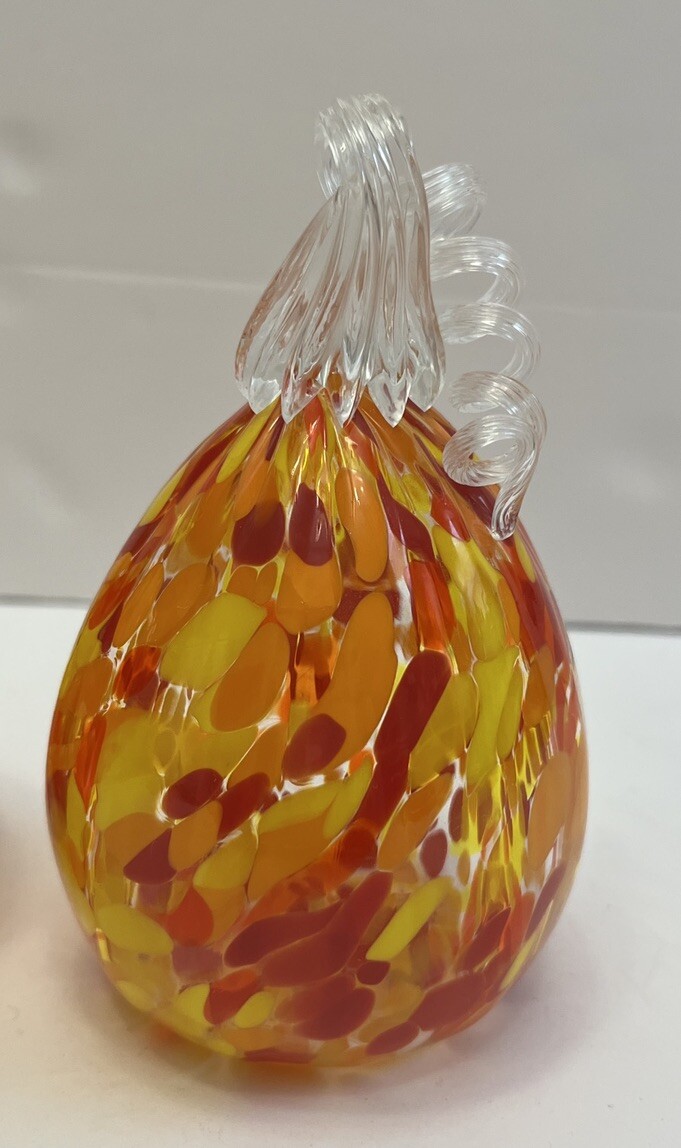 Blown Glass Squash Table Decor Red, Orange and Yellow Clear Ribbed Glass-Pretty