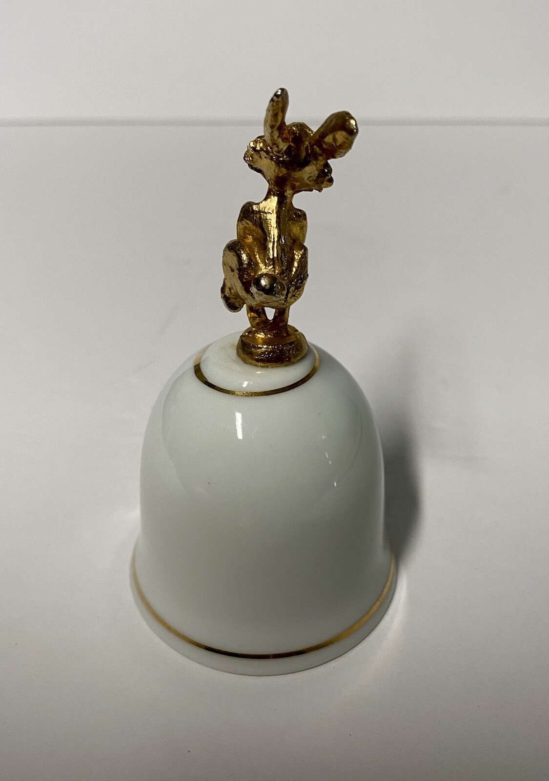 Vintage Bell White Ceramic Porcelain Gold Rabbit Metal Handle 4”