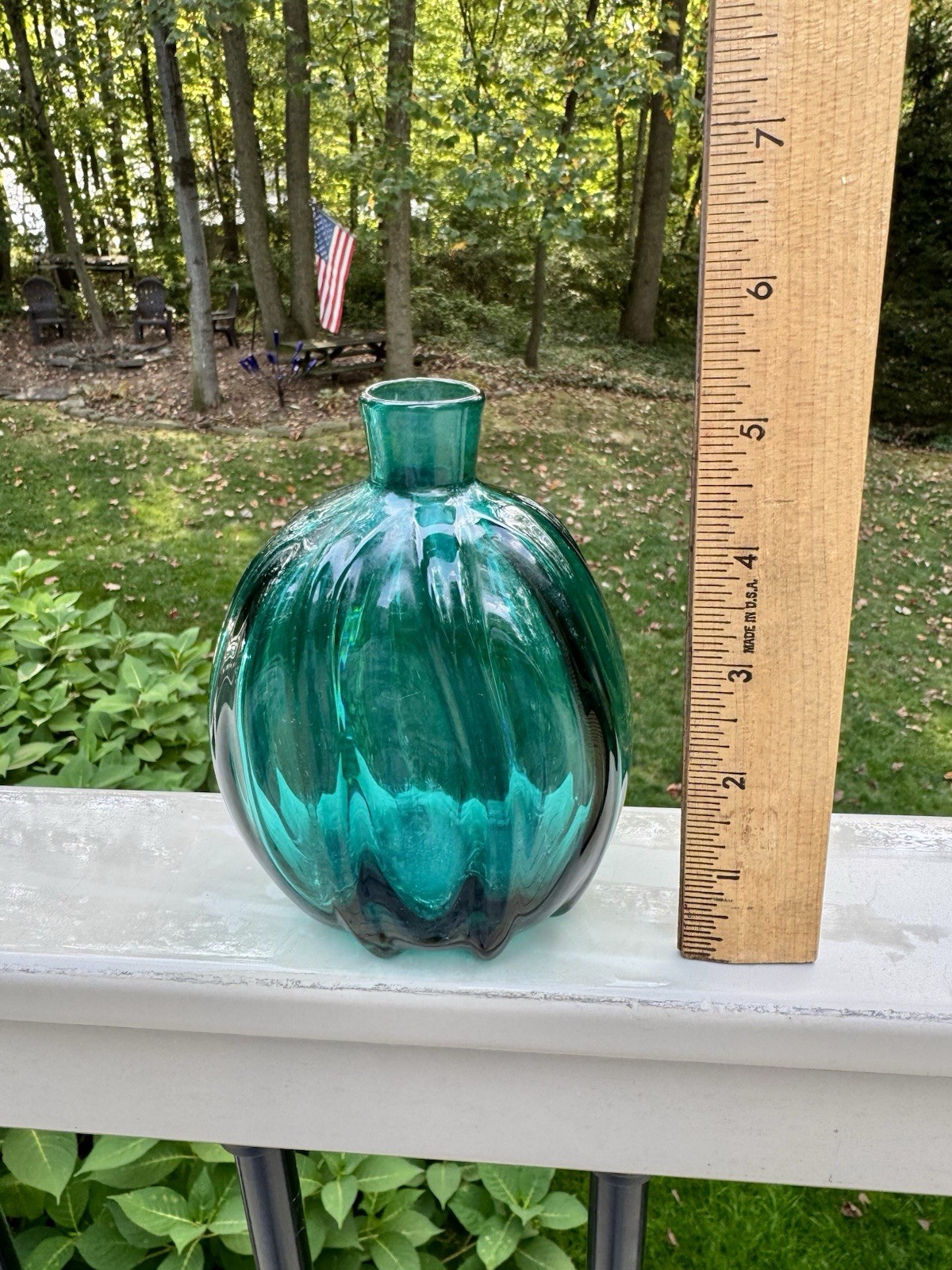 Museum Of Modern Art Hand Blown Ribbed Aqua Green Glass Flask Vase 5.5”