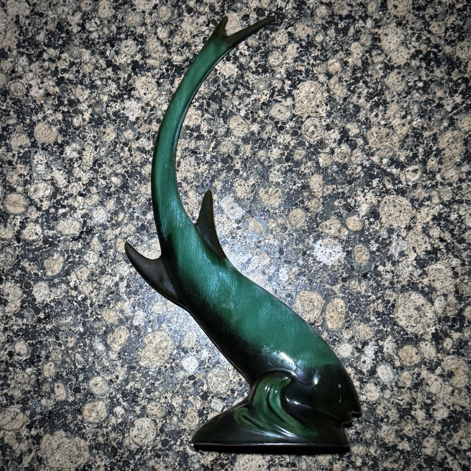 Vintage Blue Mountain Pottery Tall Fish Figurine Blue Green Glaze RARE