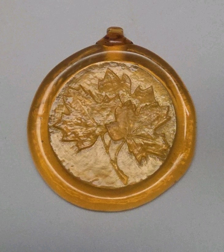 Amber Yellow Art Glass Round Pressed Suncatcher w/Maple Leaves
