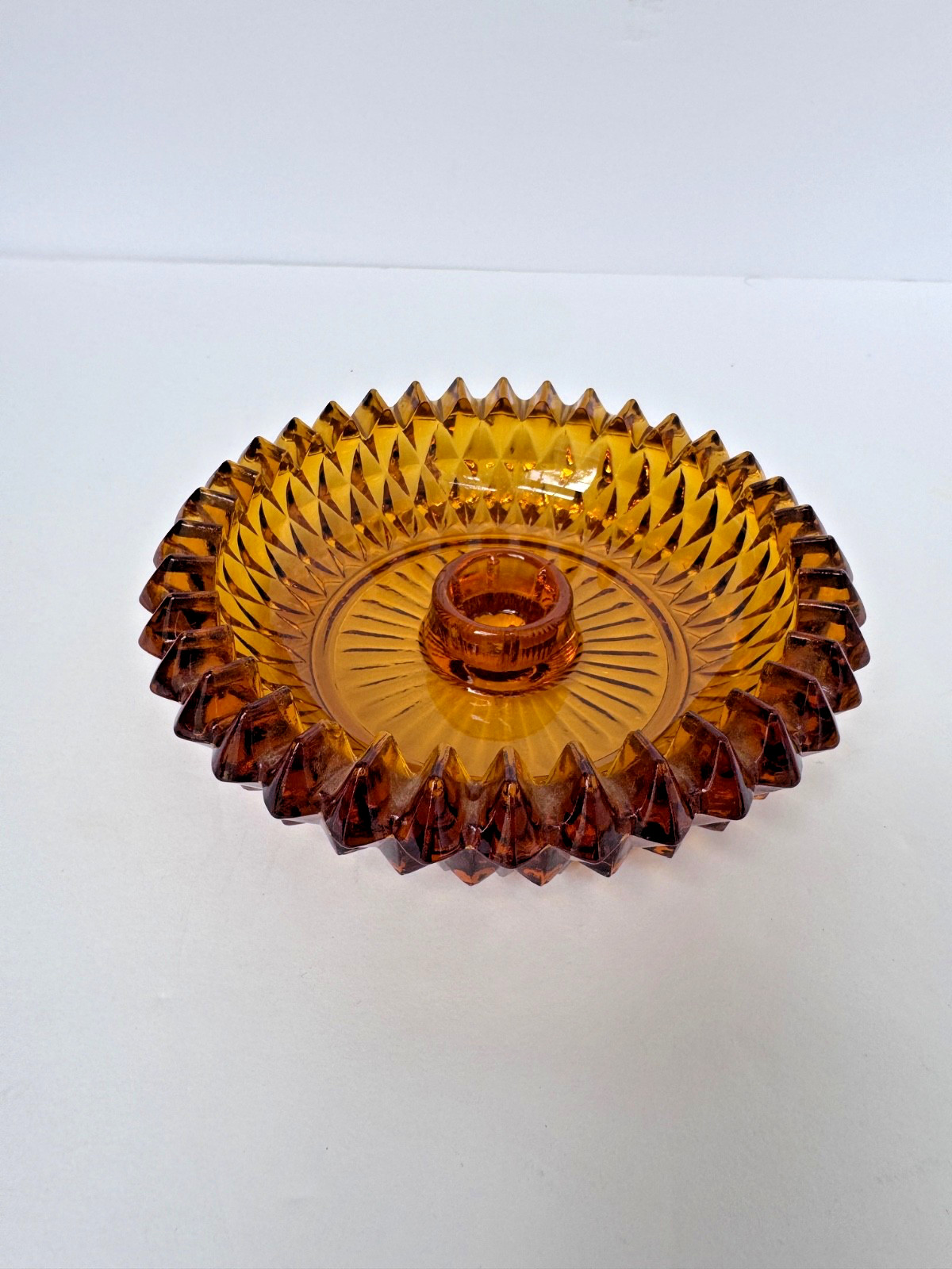 Vintage Indiana Glass Company Diamond Point Amber Glass Candle Holder