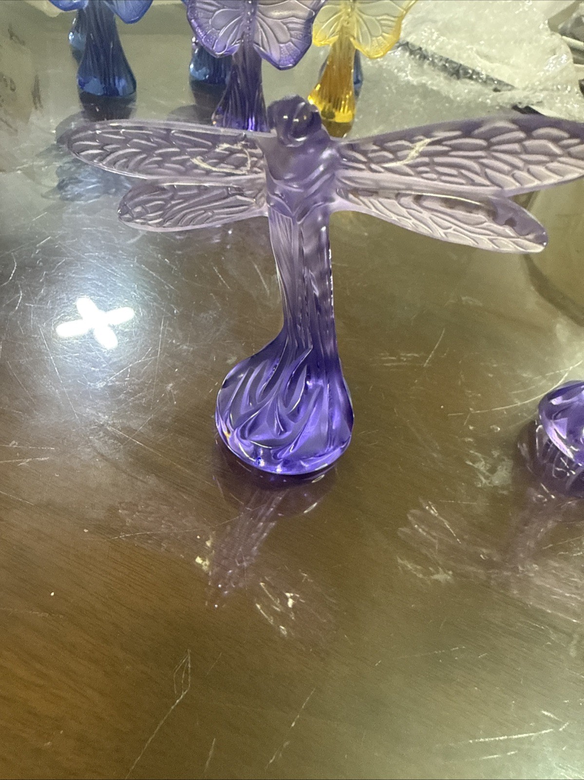2 Lalique Crystal Sculpture Signed Purple Dragonfly Figurines Paris France