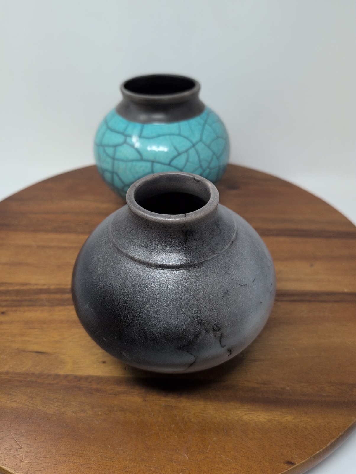 Lot Of 2 Raku Studio Pottery Signed 1 Turquoise 1 Crackle Gray
