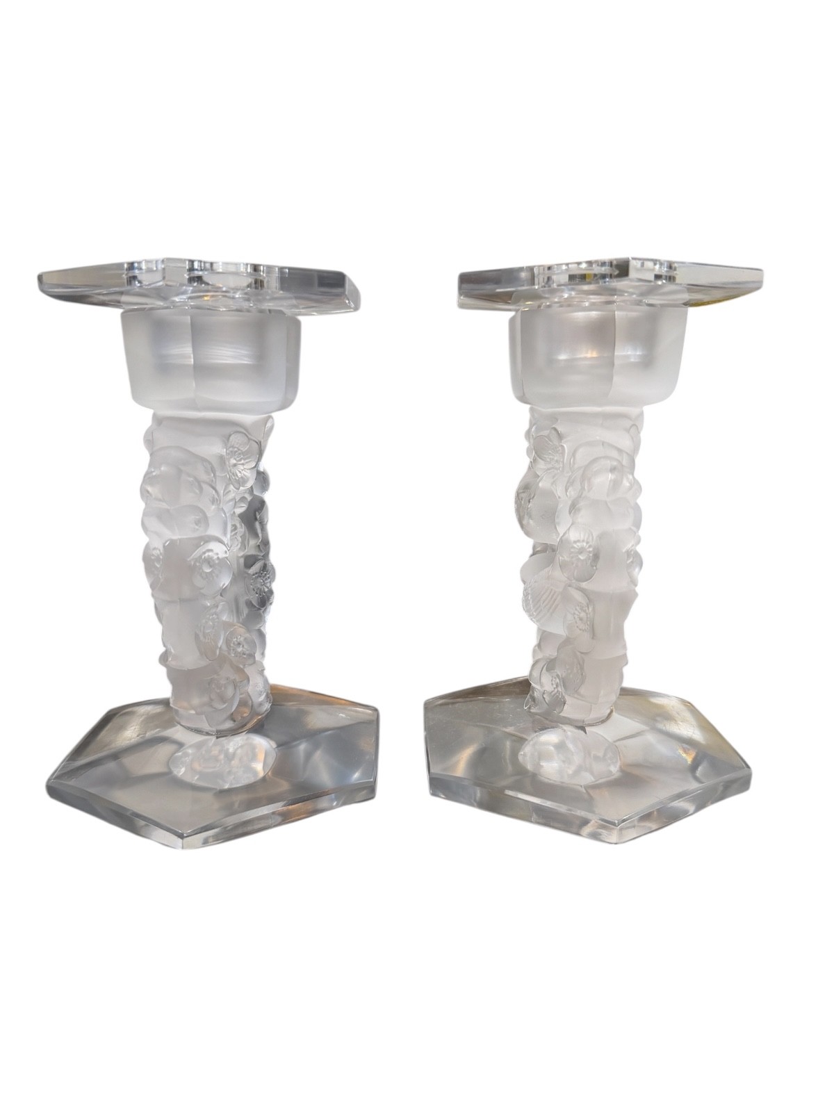 LALIQUE 2 MESANGES FROSTED CRYSTAL CANDLEHOLDERS BIRDS AMONG FLOWERS W/ BOBECHES