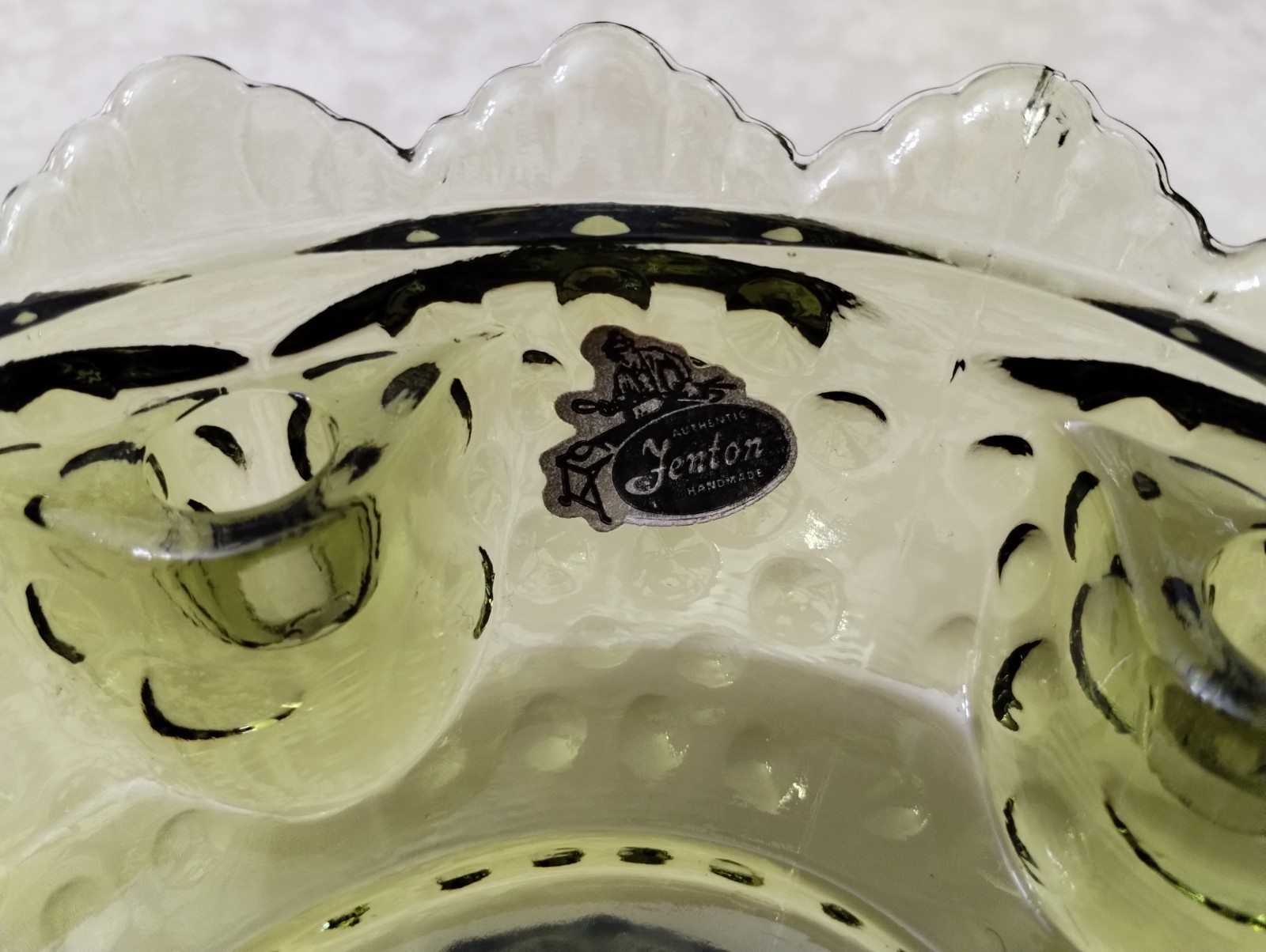 Vintage Fenton Colonial Green Hobnail Candle Bowl Patent 3547569 Sticker 6.5″