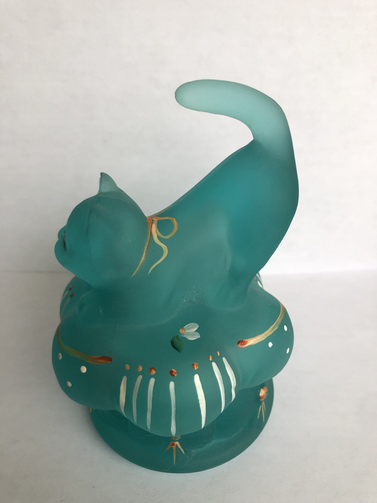 FENTON Cat Kitten-Teal Blue-Trinket Box/Dish-Hand Painted-D.Robinson-HTF-RARE