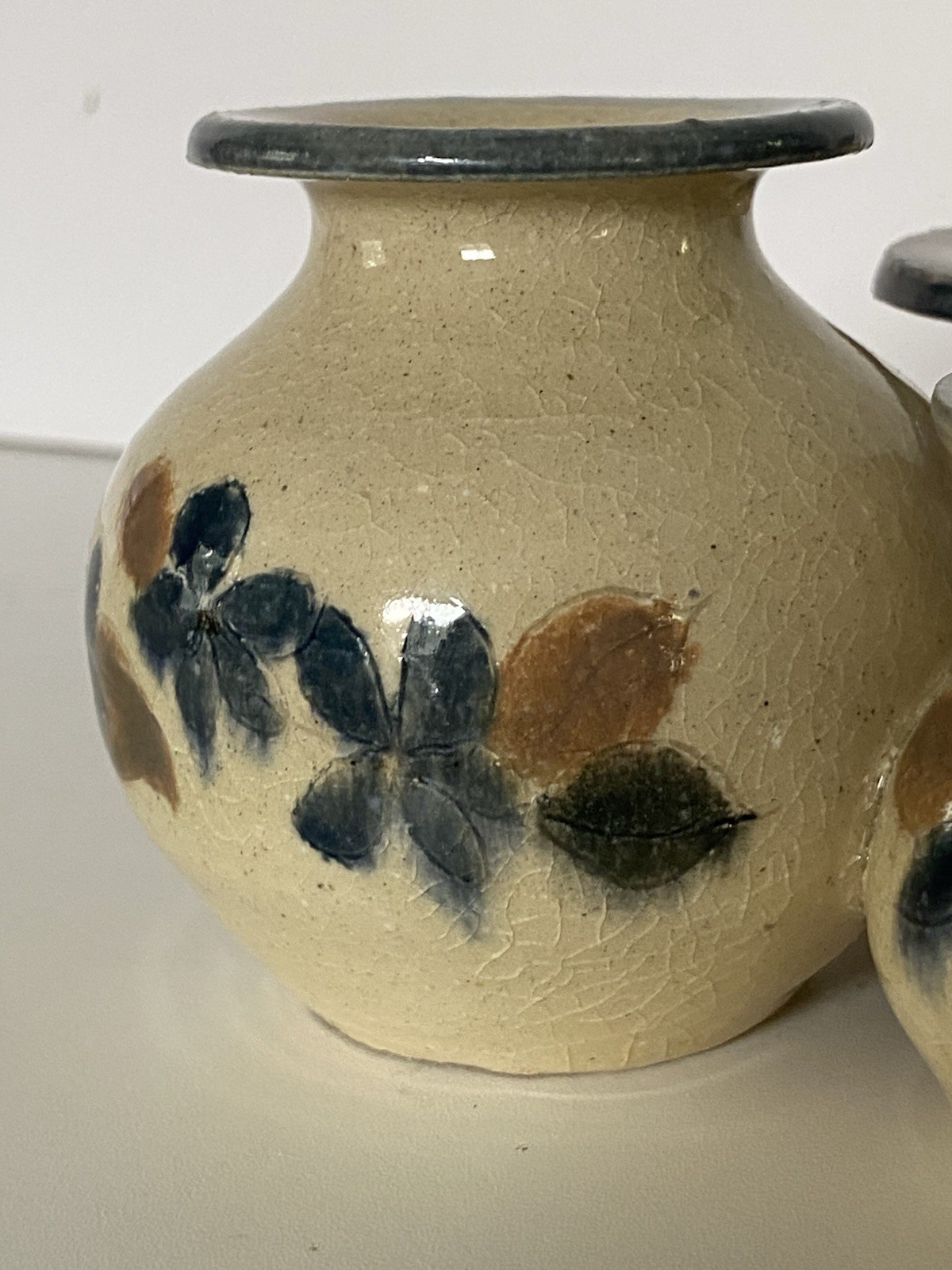 Handmade Art Pottery Small Bud Vase 3 Attached Beige Blue Flowers 3” Signed EUC