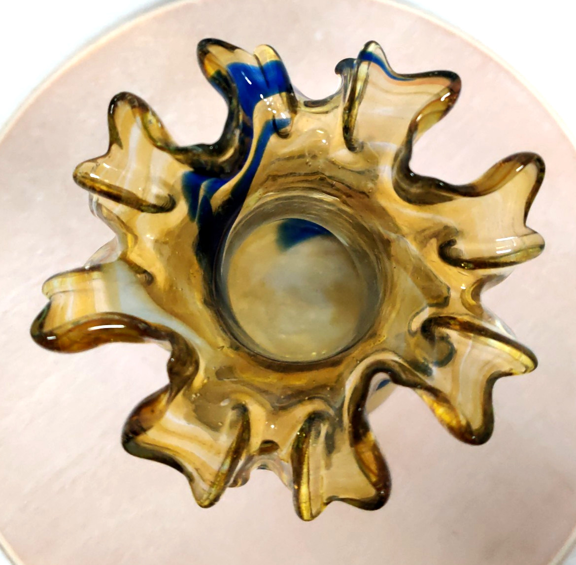 Hand Blown Ruffled Edge Swirl Pattern Art Glass Amber Blue Multicolor Vintage