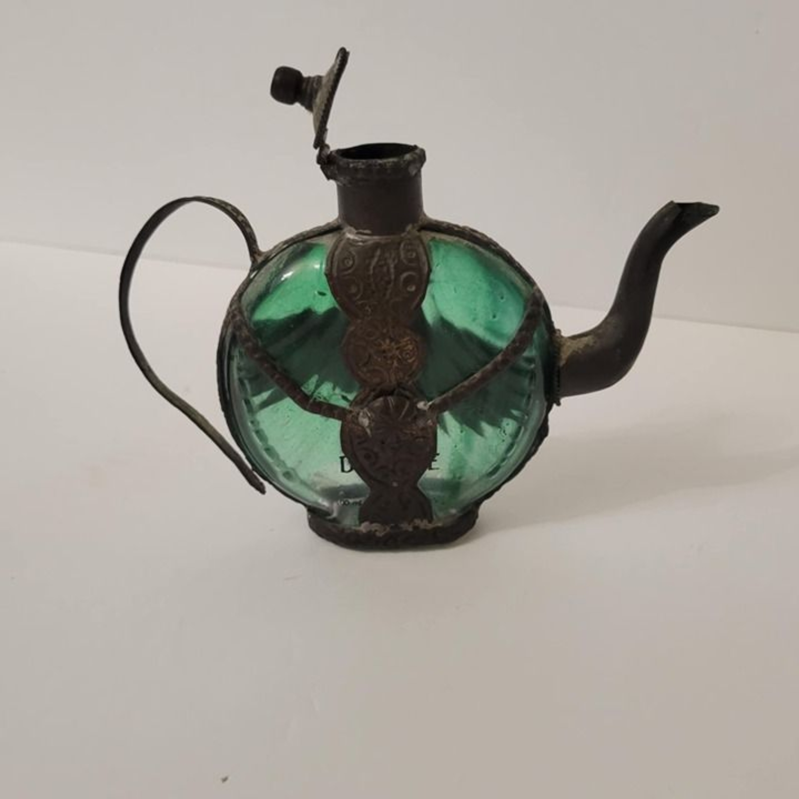 Vintage Emerald Green Glass Decanter Bottle with Ornate Aluminum Holder Teapot