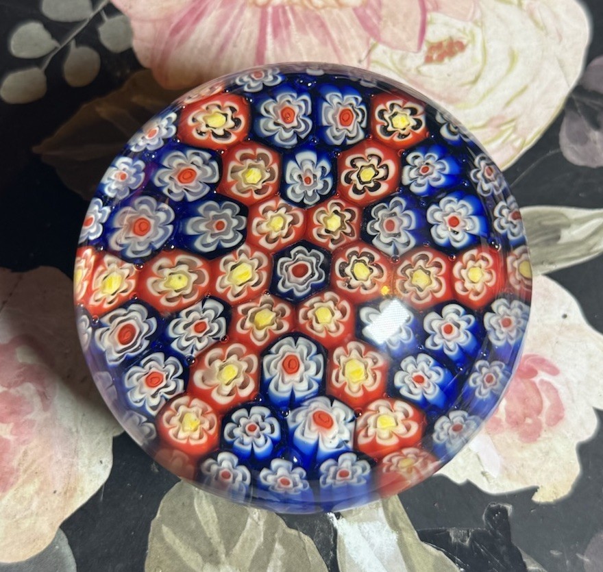 Vintage Art Glass Millefiori Paperweight Red Blue Canes Flowers