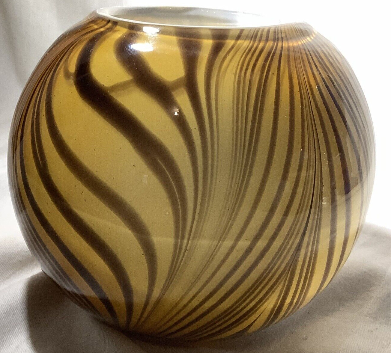 Art Glass Heavy Thick Glass Tiger Striped 4.5″ Round Vase Bowl