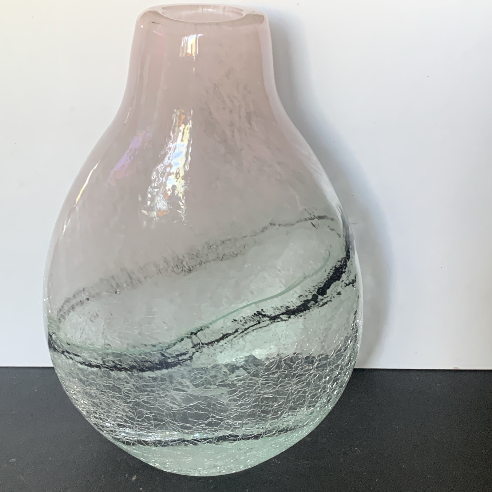 Hand-Blown Art Glass Vase Crackled Glass Pink Green W/Black Band Collectible