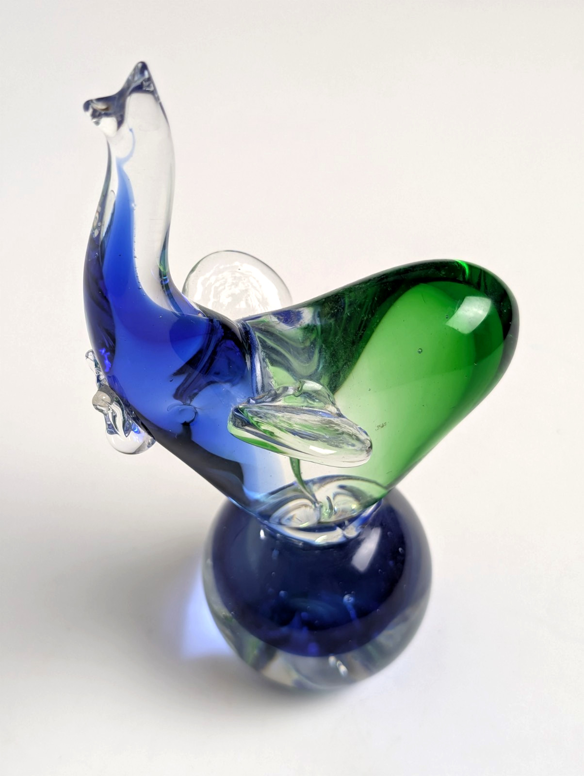 Vintage Art Glass Bird Figurine Blue Green Sommerso Style Hand Blown Pedestal