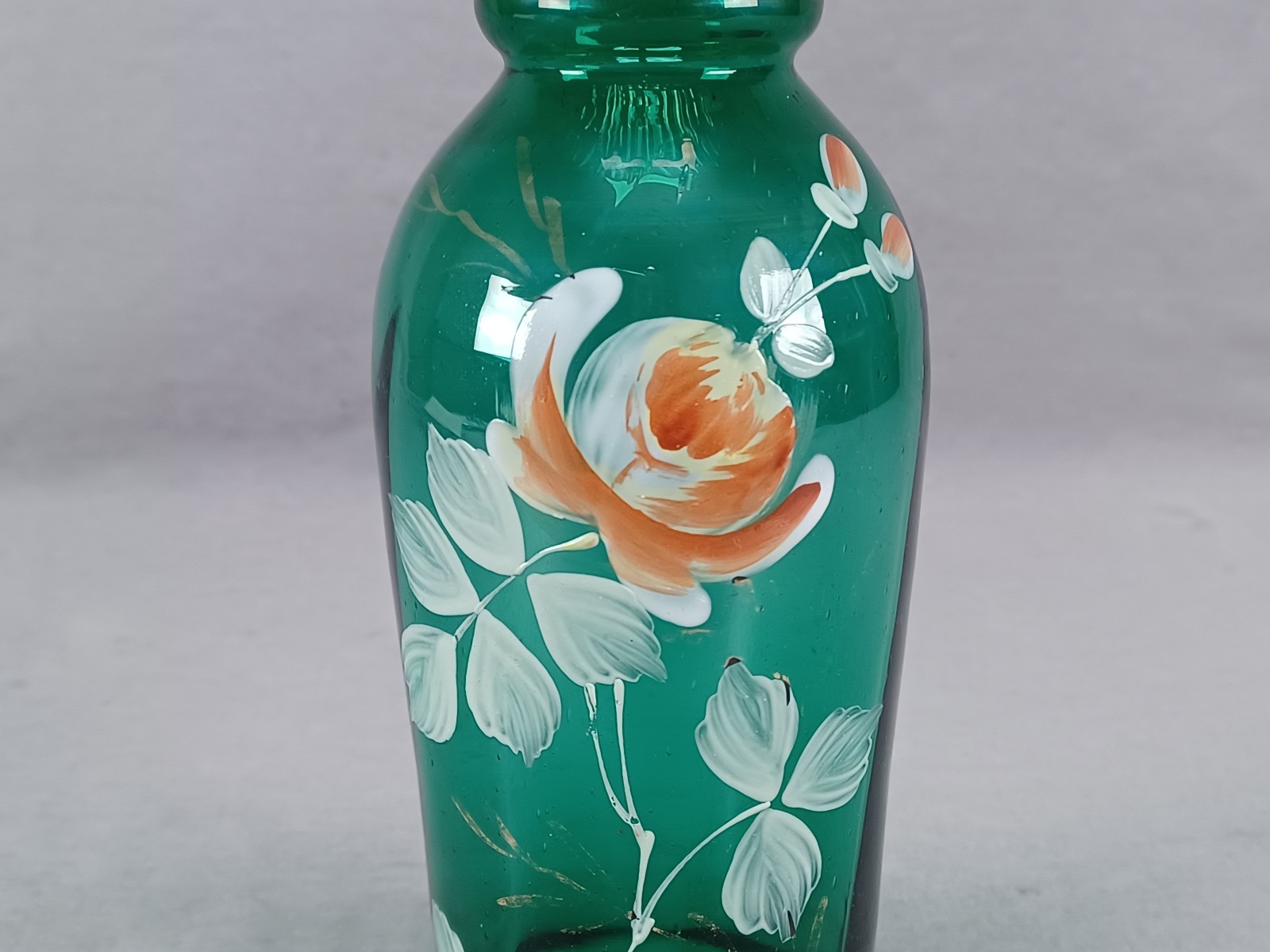 Antique Bohemian Enameled Orange & White Rose Green Glass 8 1/4 Inch Vase