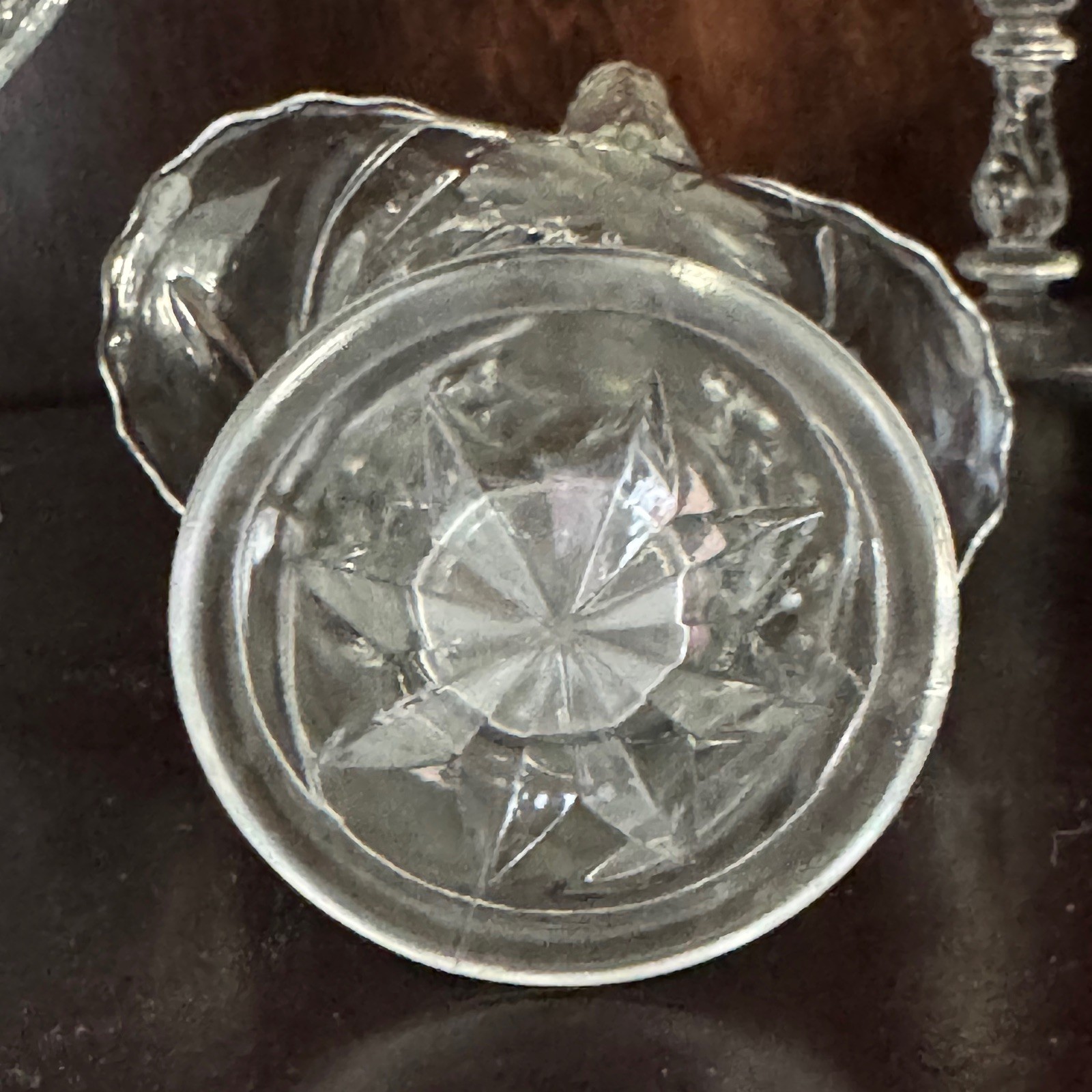 Vintage Duncan Miller Glass Basket Flower Cutting Pressed Leaves Elegant 1920’s