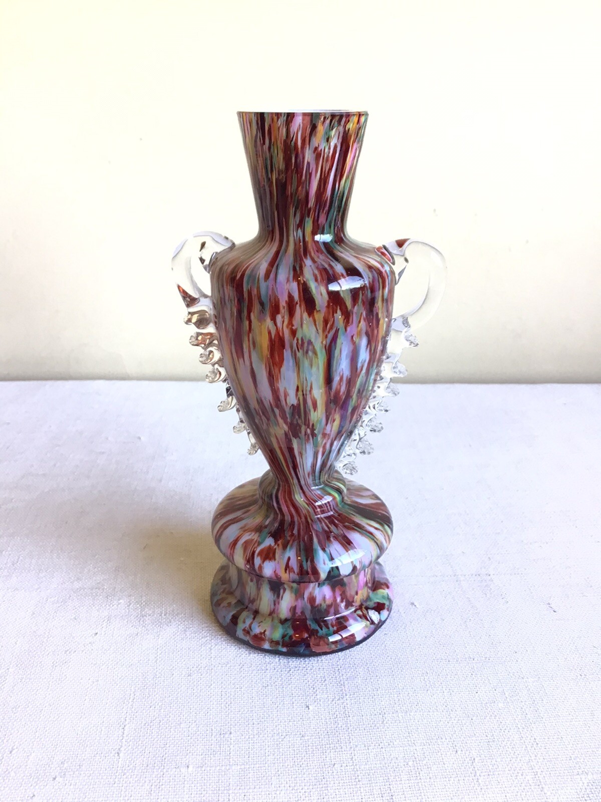 Vintage Handblown Swirl Multicolor Cased Art Glass Clear Handled Vase 7.25″ Tall