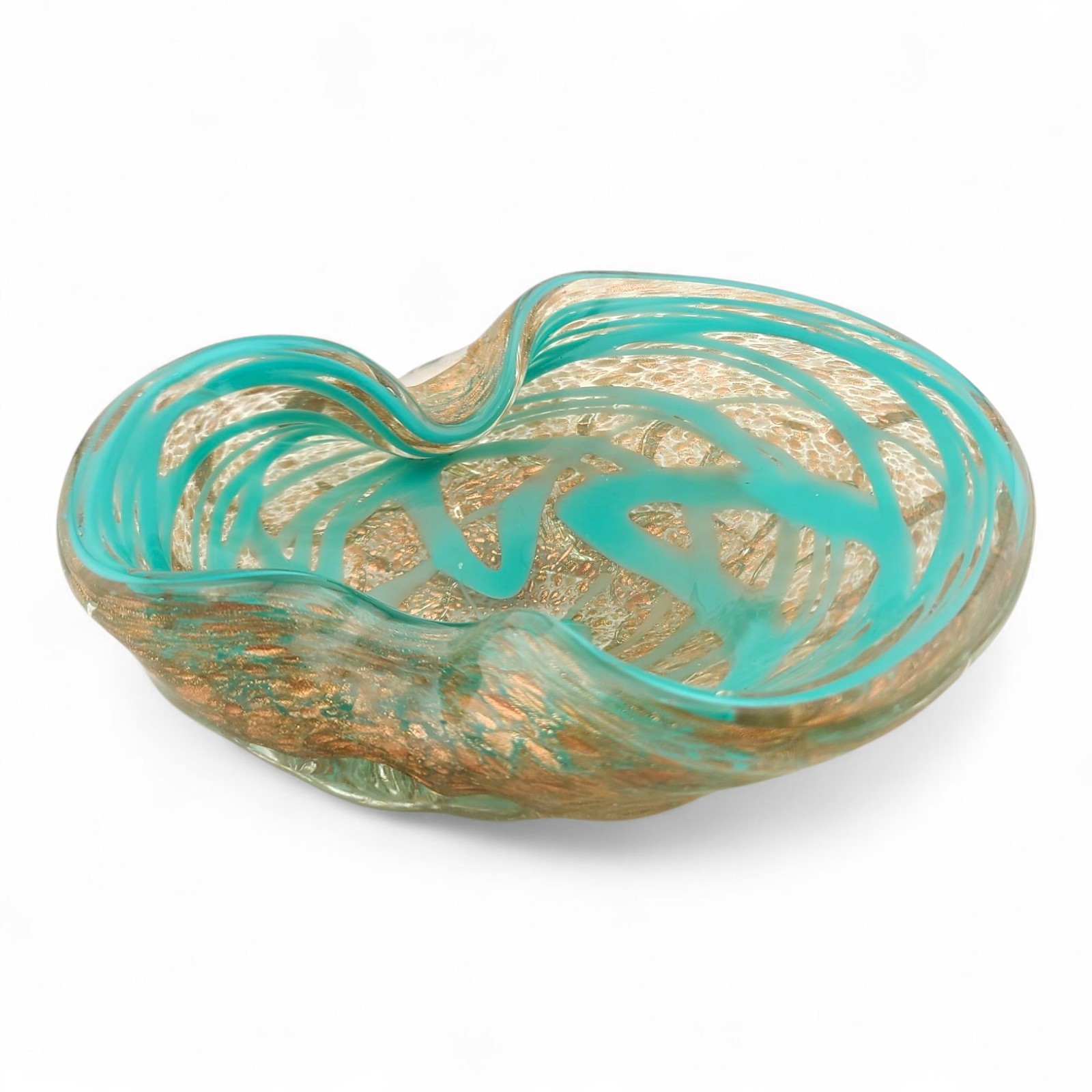 Barovier And Toso Murano Glass Ashtray Bowl Graffito Teal Blue With Gold Flecks