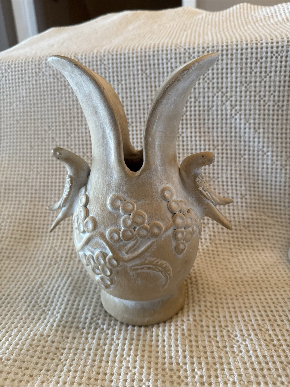 Whitewashed Terra Cotta Vase Morning Doves, Grapes Decorative Art