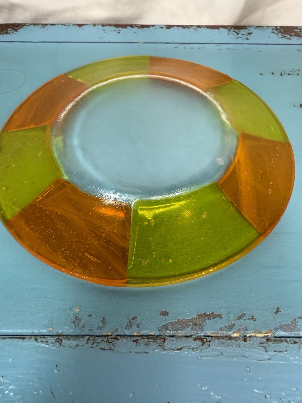 HandBlown Orange And Yellow Glass Plate 6” Round Vintage