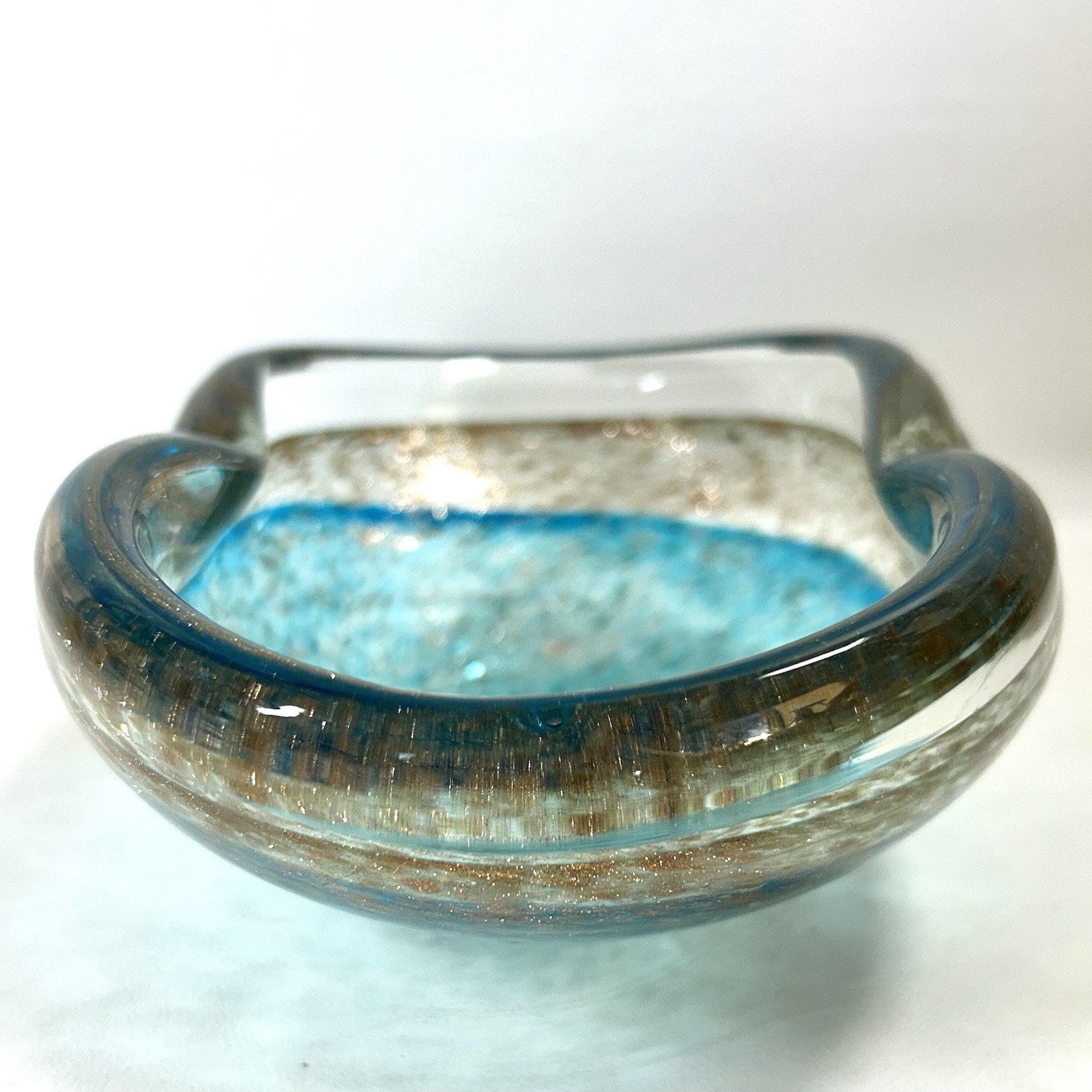 Vtg Italian Aquamarine Teal & Gold Fleck Aventurine Bowl 8″ 2.75 lbs Murano?