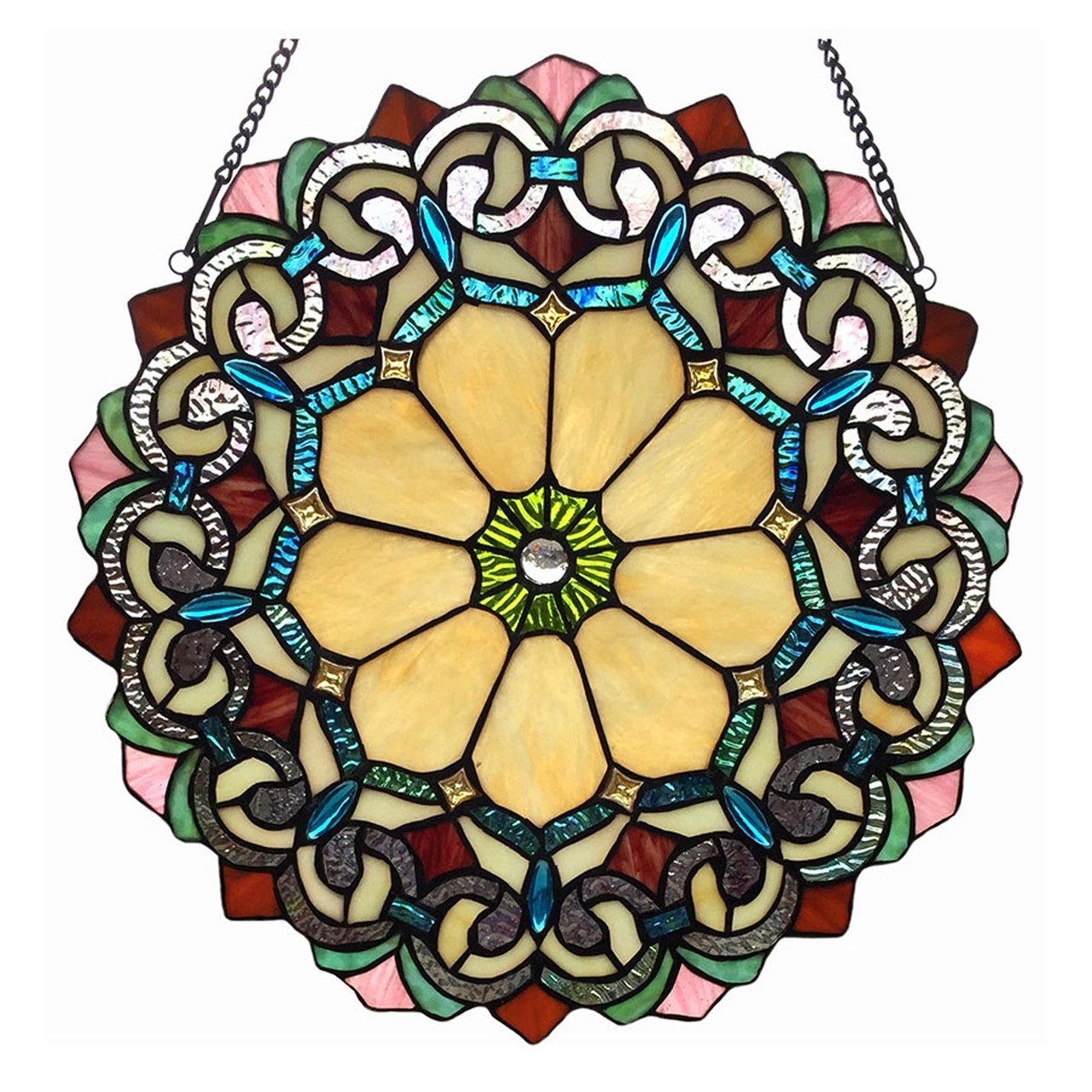 Stained Glass Window Panel 18″ Round Victorian Tiffany Style LAST ONE THIS PRICE