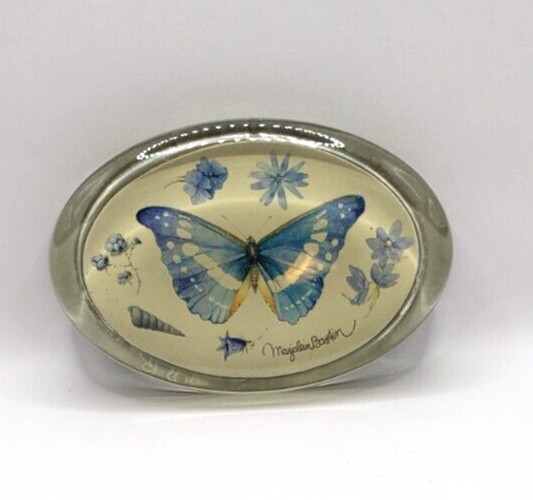 Marjalein Bastin Glass Paperweight Oval Flat Butterflies Botanical 4.25 x 2.75