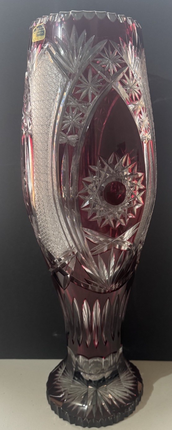 VINTAGE LAUSITZER GLAS RED CUT TO CLEAR BOHEMIAN 19 1/2″ VASE W TAG GERMANY 24%